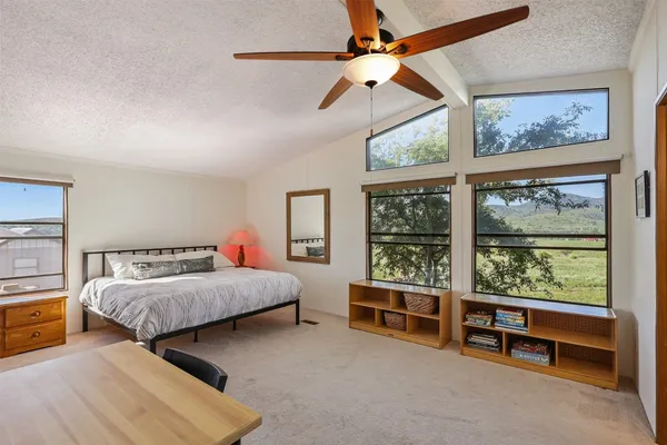 a bedroom with a bed and a desk