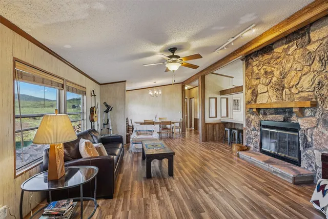 a living room with fireplace furniture and a wooden floor