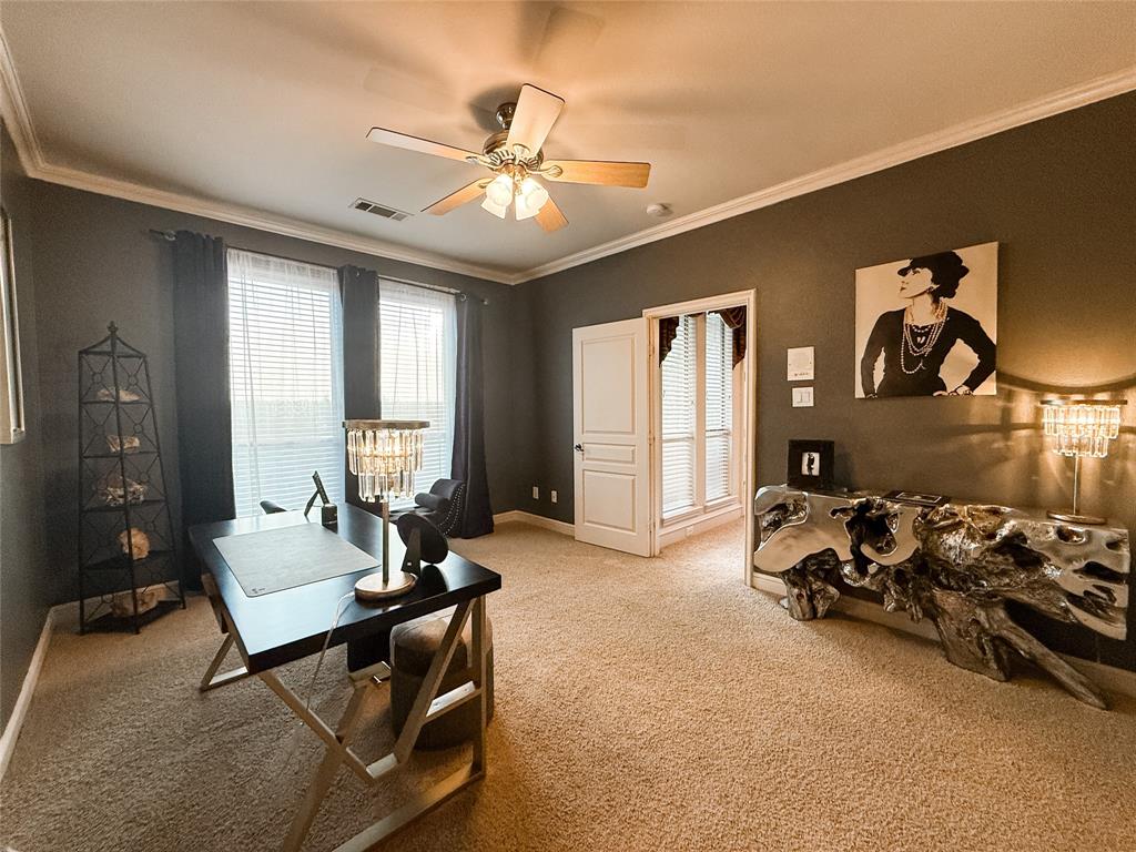 1919 Kings Pass Heath, TX 75032 - Photo 33 of 38 Office with light colored carpet, a ceiling fan, and crown molding