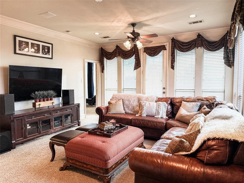 1919 Kings Pass Heath, TX 75032 - Photo 34 of 38 Living room with ornamental molding, carpet, ceiling fan, and recessed lighting