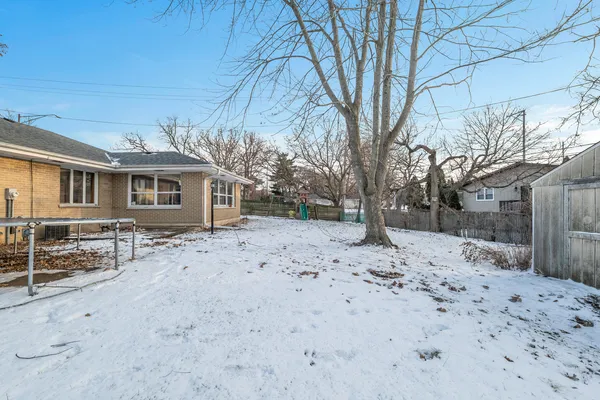 a front view of a house with a dirt yard and a large tree