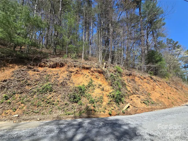 a view of a yard with wooden fence