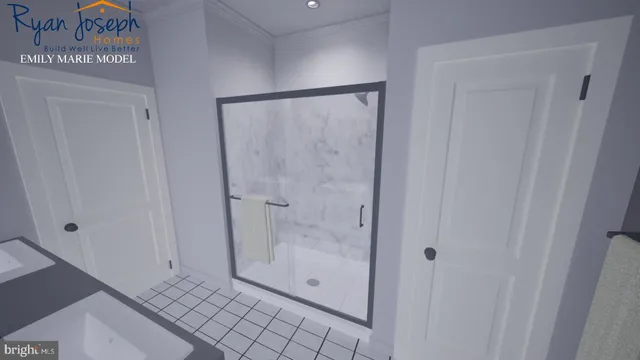 a bathroom with a glass shower door