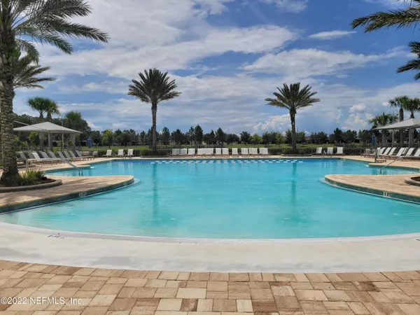 a view of a swimming pool with a yard and plants