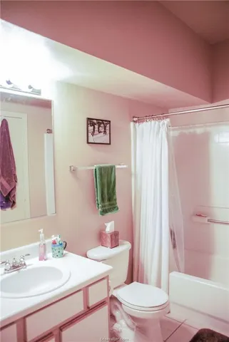 a bathroom with a sink a toilet a mirror a vanity and shower