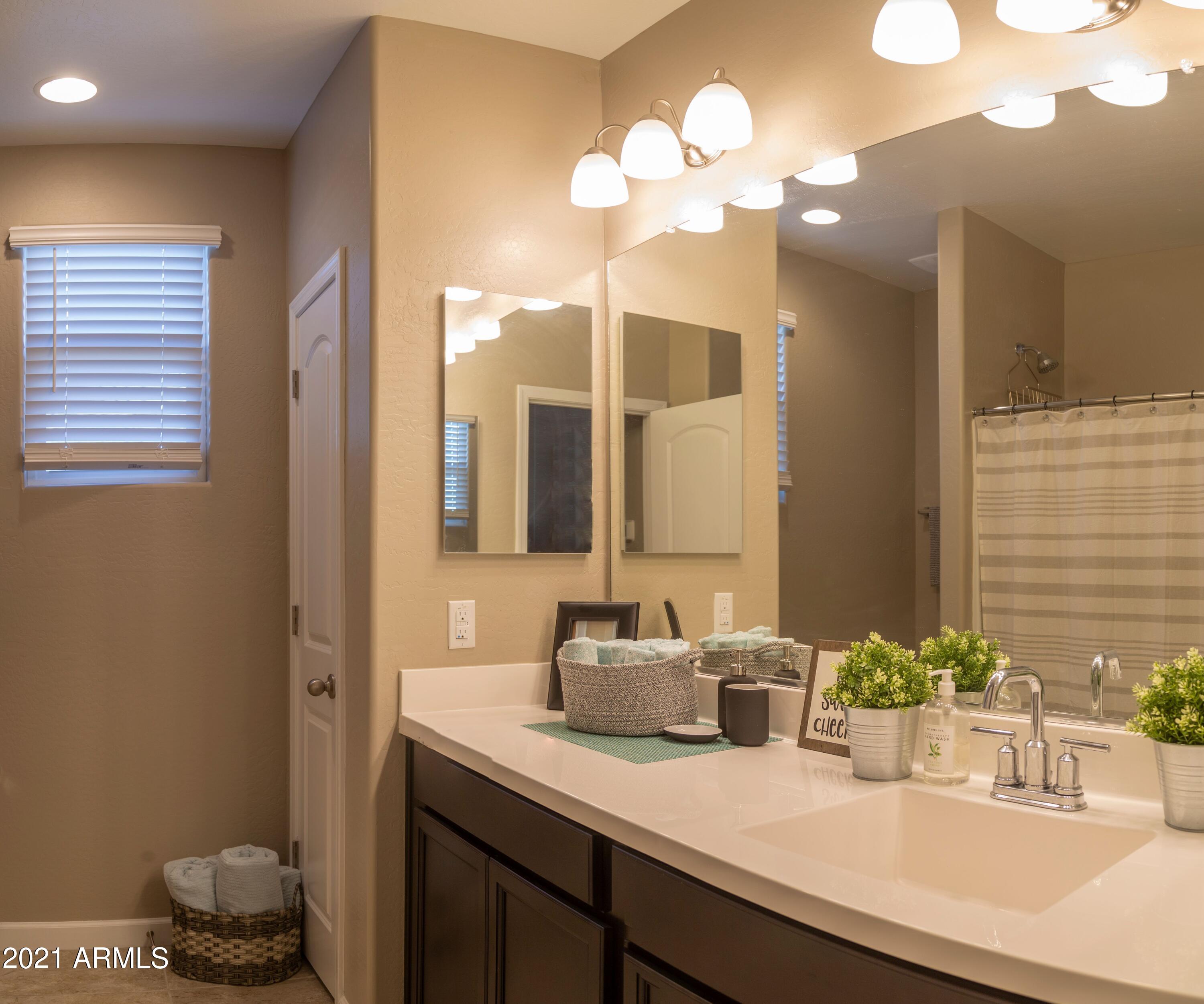 8555 West Georgetown Way Florence, AZ 85132 - Photo 8 of 11 a bathroom with a sink a potted plant and a large mirror