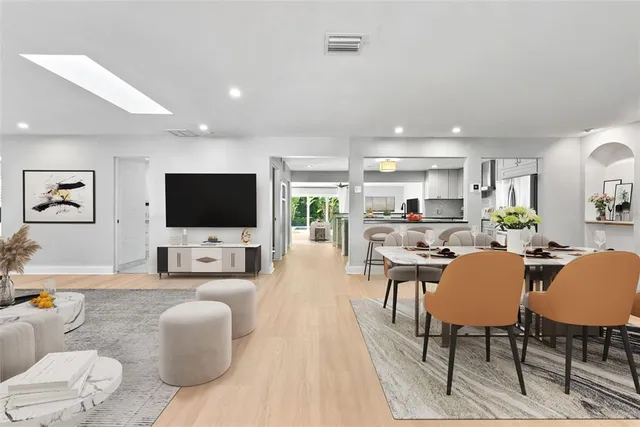 a view of a dining room with furniture