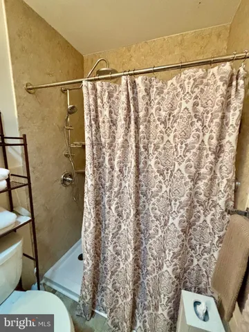 a bathroom with a shower curtain and a toilet