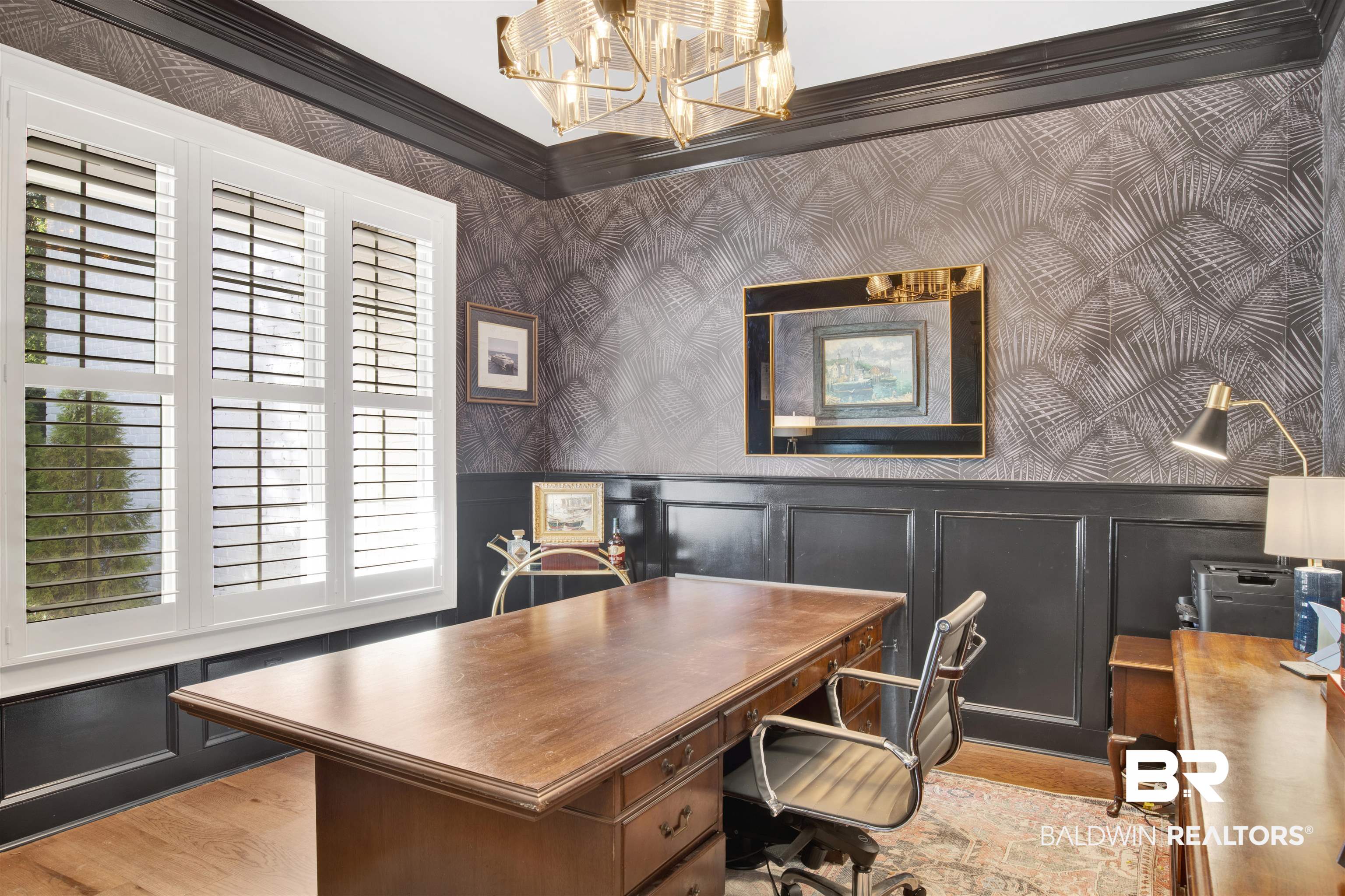 11116 Redfern Road Daphne, AL 36526 - Photo 24 of 46 Office area featuring wallpapered walls, a chandelier, ornamental molding, light wood finished floors, and wainscoting