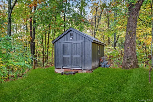 a view of a small yard with plants and large trees