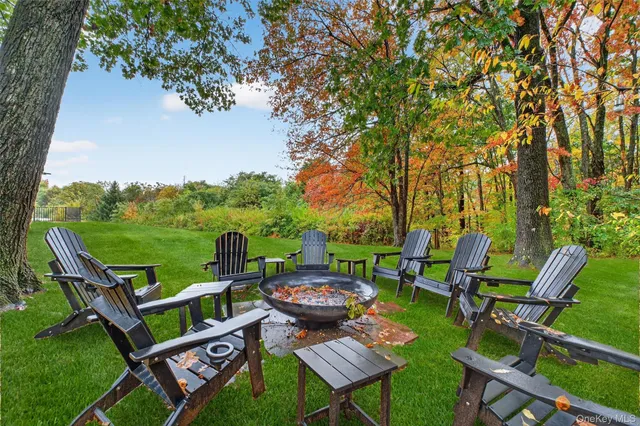 a view of a chairs and table in the garden