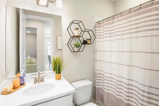 a bathroom with a sink a toilet and shower curtain