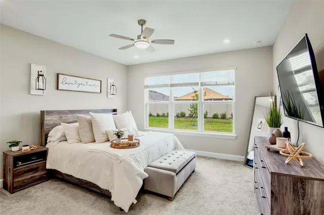 a bedroom with a bed a couch and a flat tv screen