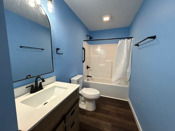 a bathroom with a sink a toilet a mirror and shower