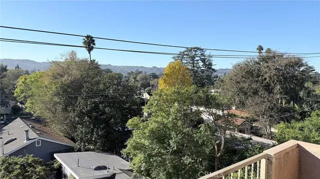 a view of a building with potted plants