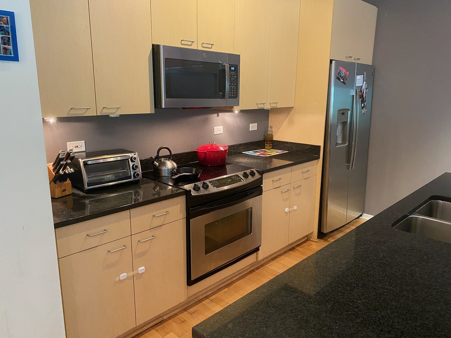 1640 Maple Avenue, Unit 203 Evanston, IL 60201 - Photo 4 of 10 a kitchen with stainless steel appliances granite countertop a stove a microwave and a refrigerator