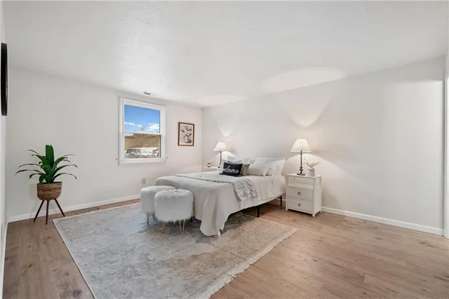 a bed room with furniture and a potted plant