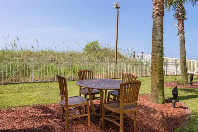 a view of a chairs and table in patio