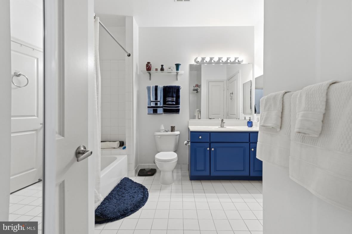 8045 Newell Street, Unit 423 Silver Spring, MD 20910 - Photo 18 of 26 a bathroom with a granite countertop sink a mirror and a shower