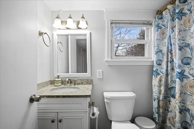 a bathroom with a granite countertop sink toilet and a mirror