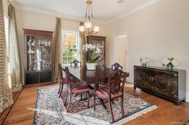 a dining room with furniture wooden floor a rug a potted plant and a chandelier