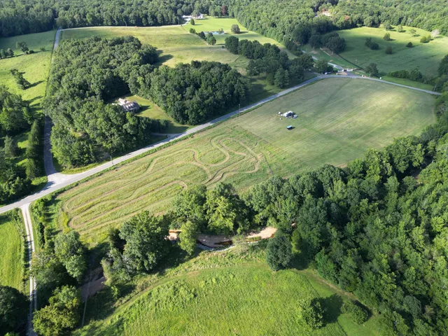an aerial view of a houses with outdoor space and river