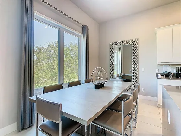 a view of a dining room with furniture window and outside view
