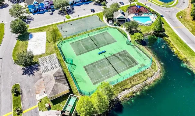 an aerial view of a swimming pool