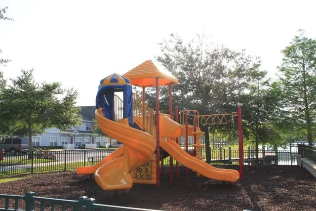 a view of a park with slide