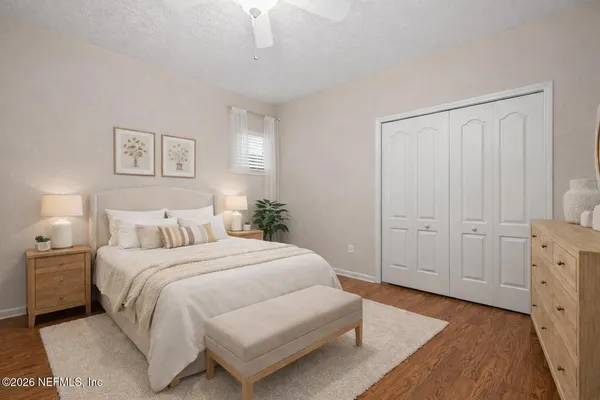 a workspace with furniture and wooden floor