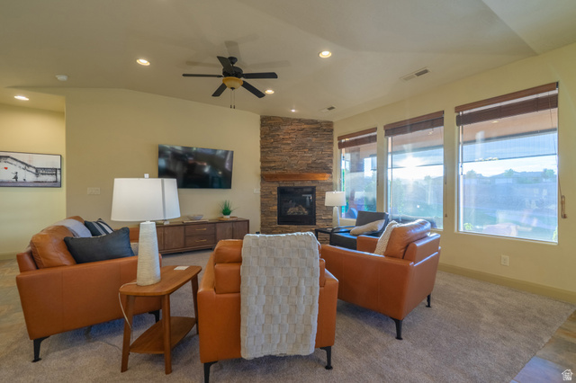 2212 Chippenham Court St. George, UT 84770 - Photo 11 of 75 Living room with a ceiling fan, a fireplace, lofted ceiling, and recessed lighting