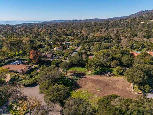 an aerial view of residential houses with outdoor space and trees