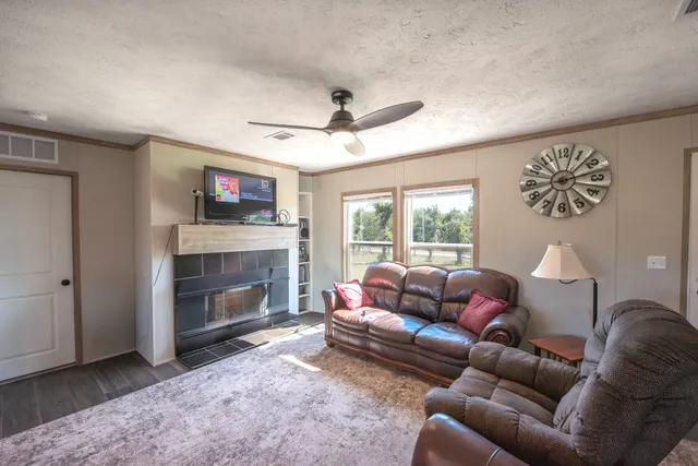 a living room with furniture a window and a fireplace
