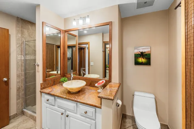 a bathroom with a granite countertop sink toilet and shower
