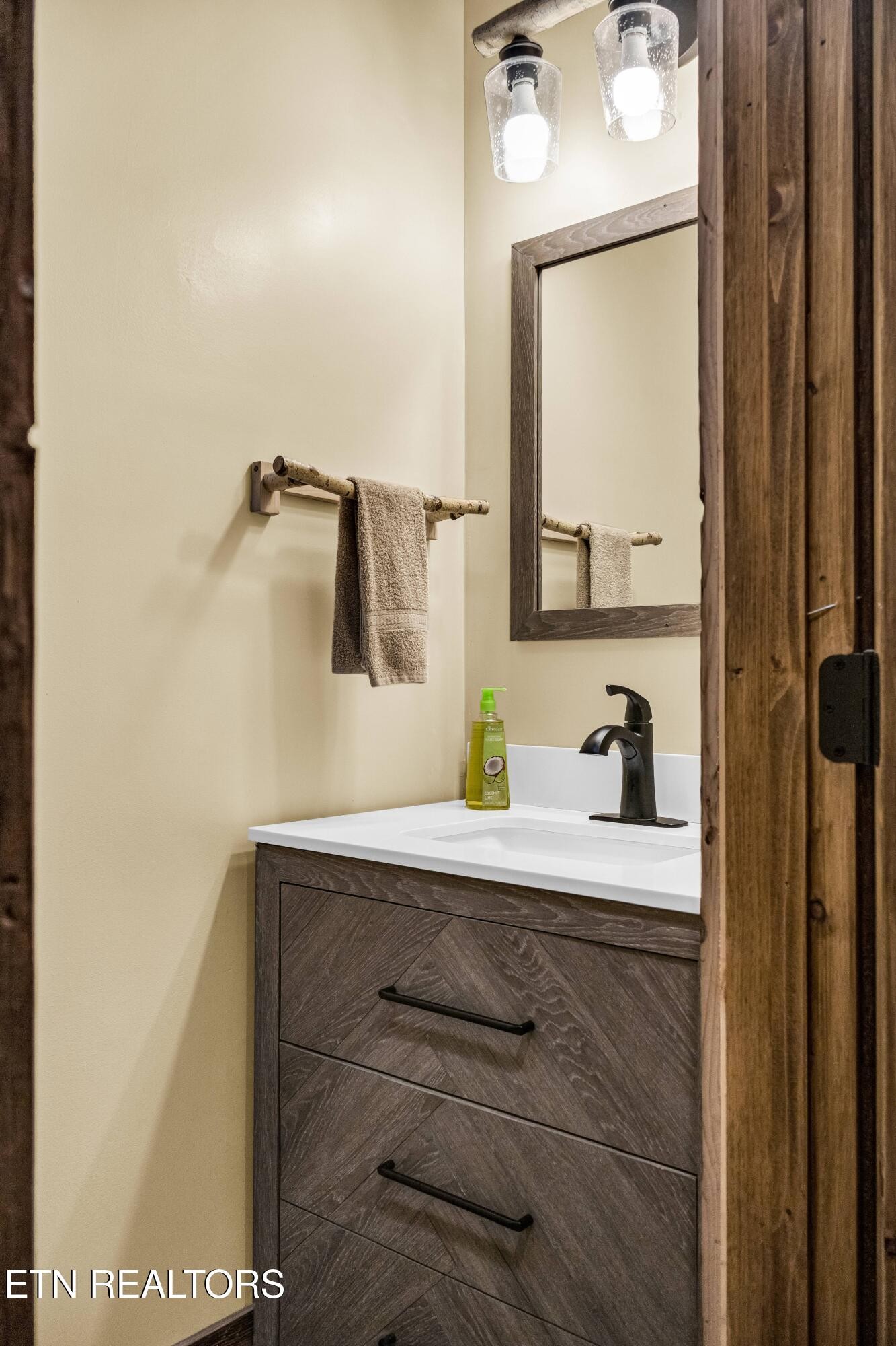 173 Rafter Road Tellico Plains, TN 37385 - Photo 19 of 49 a bathroom with a sink a mirror and vanity