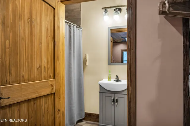 a bathroom with a sink and a mirror