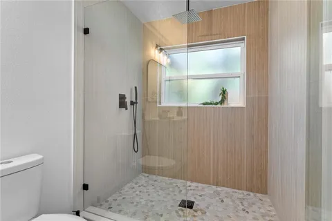 a bathroom with a shower and a toilet