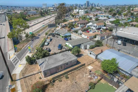 an aerial view of a house with a garden