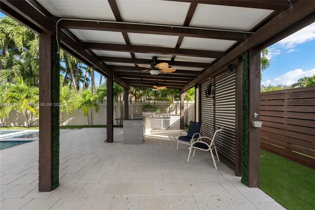 a backyard of a house with table and chairs