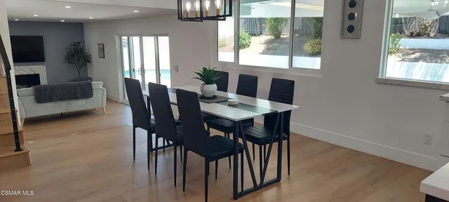 a view of a dining room with furniture window and outside view
