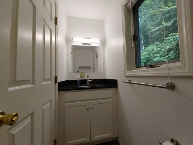a bathroom with a granite countertop sink and a mirror
