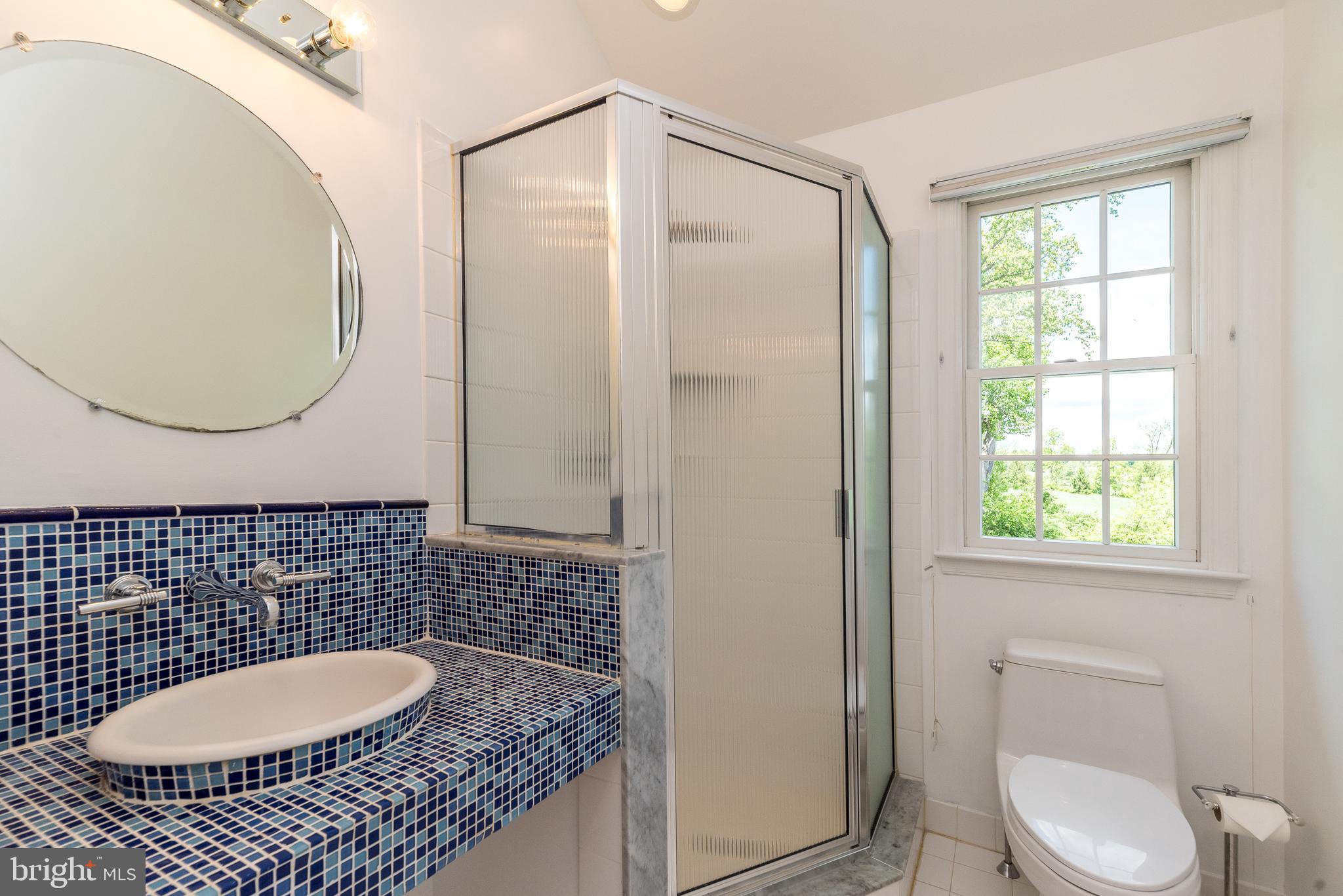 4976 Gloucester Drive Doylestown, PA 18902 - Photo 51 of 68 a bathroom with a granite countertop sink a mirror and a shower