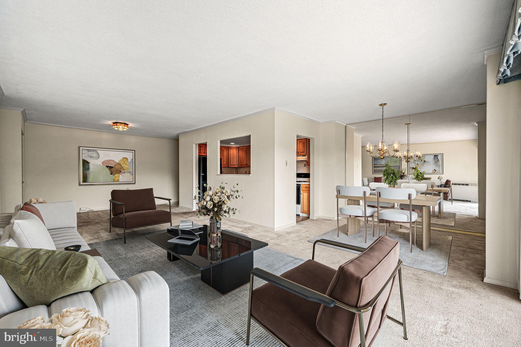 Living room and dining room area digitally staged.