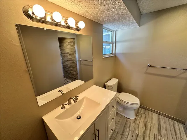 a bathroom with a sink a toilet and mirror