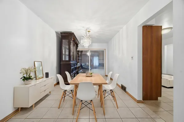 a view of a dining room with furniture