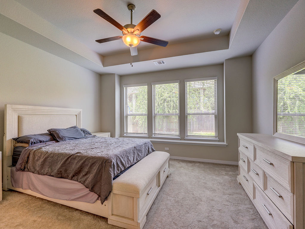 229 Heartleaf Road San Marcos, TX 78666 - Photo 24 of 40 Comfortable bedroom with soft carpet, tray ceilings, and an overhead fan for ultimate relaxation.