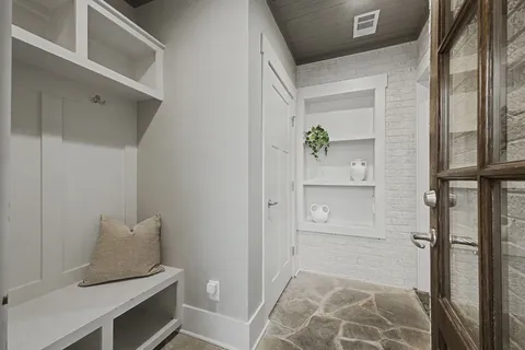 a living room with closet