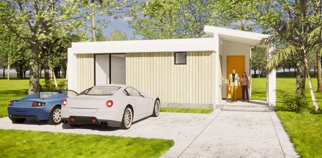 a white house with a large pool of big yard and large trees