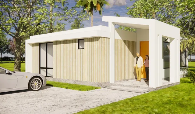 a view of a car garage with a car parked in front of it