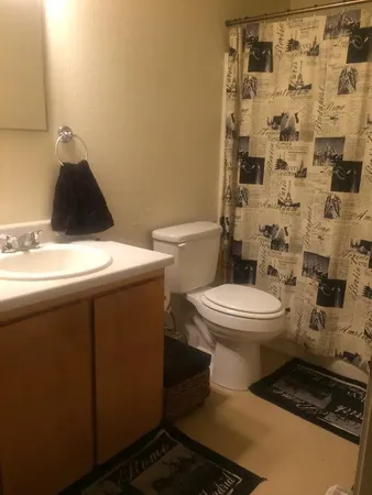 a bathroom with a toilet and a shower